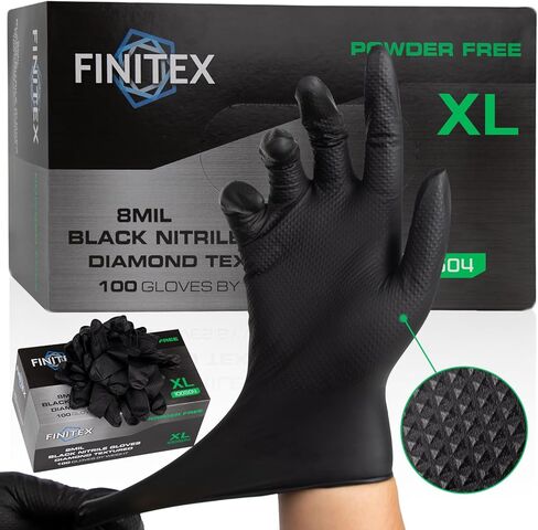 قفاز FINITEX الصناعي ذو الملمس الماسي النتريل الأسود - 100/1000 قطعة قفازات ميكانيكية مقاومة للمواد الكيميائية 8 مل للاستعمال مرة واحدة in Kuwait