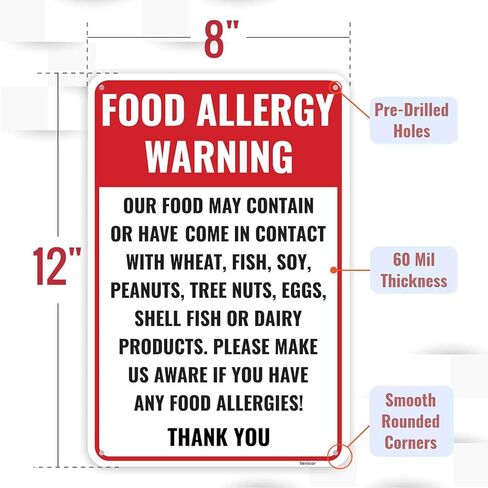 1PC Food Allergy Sign, 12 x 8 Inches - Aluminum - Food Signs For Restaurant in Saudi Arabia