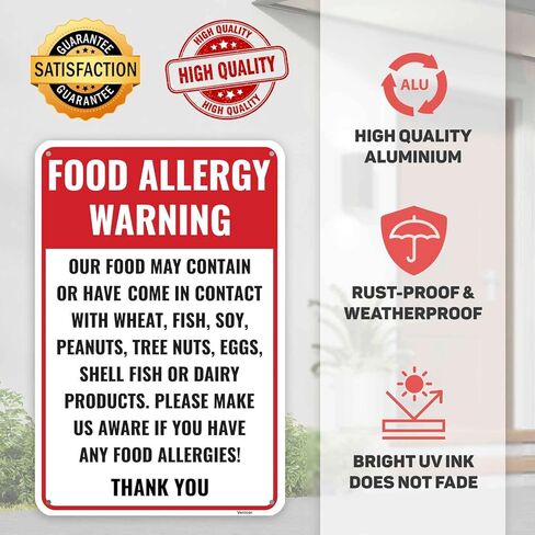 1PC Food Allergy Sign, 12 x 8 Inches - Aluminum - Food Signs For Restaurant in Saudi Arabia