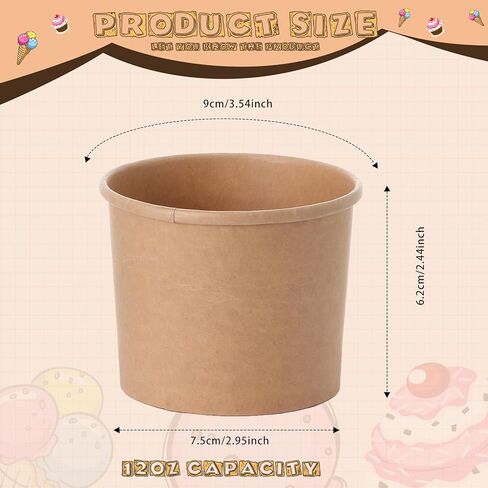 Honeydak 100 Pieces Ice Cream Soup Cups Paper 8 oz Disposable Sundae Bowls Kraft Paper Hot Cold Snack Yogurt Dessert Small Cups for Ice Cream Baby Shower Party Supplies, Brown Disposable Bowls in Saudi Arabia