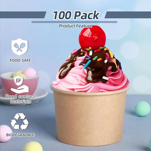 Honeydak 100 Pieces Ice Cream Soup Cups Paper 8 oz Disposable Sundae Bowls Kraft Paper Hot Cold Snack Yogurt Dessert Small Cups for Ice Cream Baby Shower Party Supplies, Brown Disposable Bowls in Saudi Arabia