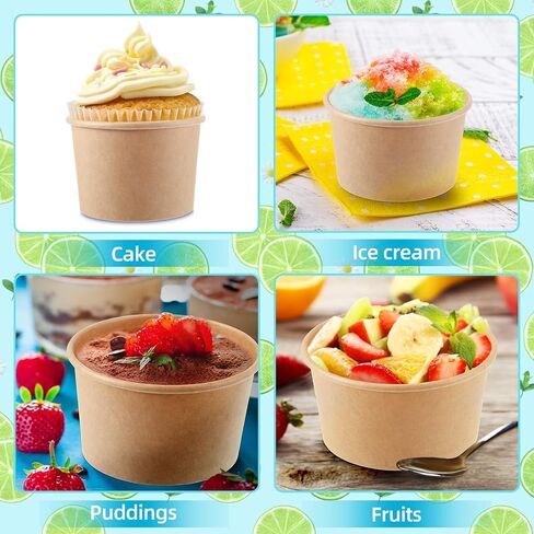Honeydak 100 Pieces Ice Cream Soup Cups Paper 8 oz Disposable Sundae Bowls Kraft Paper Hot Cold Snack Yogurt Dessert Small Cups for Ice Cream Baby Shower Party Supplies, Brown Disposable Bowls in Saudi Arabia
