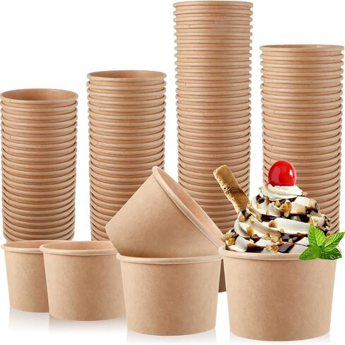 Honeydak 100 Pieces Ice Cream Soup Cups Paper 8 oz Disposable Sundae Bowls Kraft Paper Hot Cold Snack Yogurt Dessert Small Cups for Ice Cream Baby Shower Party Supplies, Brown Disposable Bowls in Saudi Arabia