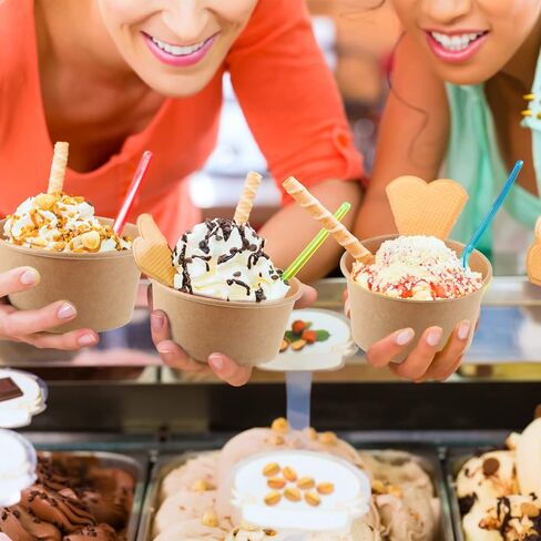 Honeydak 100 Pieces Ice Cream Soup Cups Paper 8 oz Disposable Sundae Bowls Kraft Paper Hot Cold Snack Yogurt Dessert Small Cups for Ice Cream Baby Shower Party Supplies, Brown Disposable Bowls in Saudi Arabia