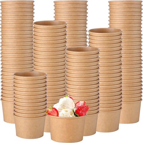 Honeydak 100 Pieces Ice Cream Soup Cups Paper 8 oz Disposable Sundae Bowls Kraft Paper Hot Cold Snack Yogurt Dessert Small Cups for Ice Cream Baby Shower Party Supplies, Brown Disposable Bowls in Saudi Arabia
