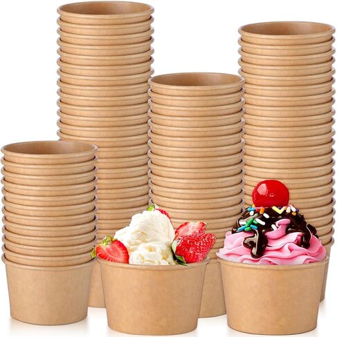 Honeydak 100 Pieces Ice Cream Soup Cups Paper 8 oz Disposable Sundae Bowls Kraft Paper Hot Cold Snack Yogurt Dessert Small Cups for Ice Cream Baby Shower Party Supplies, Brown Disposable Bowls in Saudi Arabia