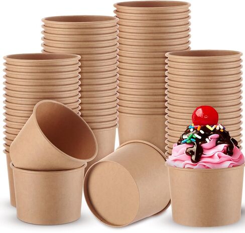 Honeydak 100 Pieces Ice Cream Soup Cups Paper 8 oz Disposable Sundae Bowls Kraft Paper Hot Cold Snack Yogurt Dessert Small Cups for Ice Cream Baby Shower Party Supplies, Brown Disposable Bowls in Saudi Arabia