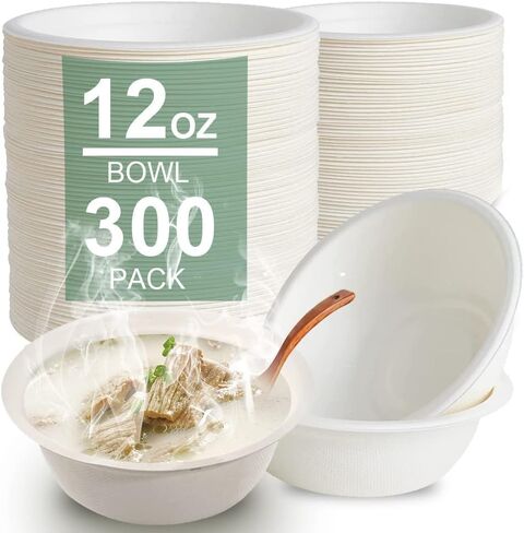 300 Pack 12 OZ Disposable Paper Bowls Compostable Biodegradable Soup Bowls Made of Natural Bagasse, Heavy-duty Bowls for Milk Cereals, Snacks, Salads in Saudi Arabia
