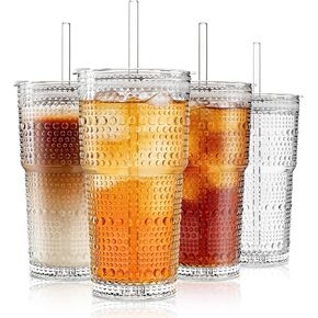 INSETLAN 20oz Hobnail Glass Cups with Lids and Glass Straws – 4 Pieces, Thick-Walled Glass Tumblers for Iced Coffee, Smoothies, Milk, Water, Juice, and More – Elegant and Durable Drinking Glasses in Saudi Arabia