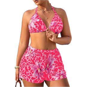 Verdusa Women's Plus Size 3 Piece Leopard Floral Halter Bikini Set Boho Swimsuits with Cover Up Shorts in Kuwait