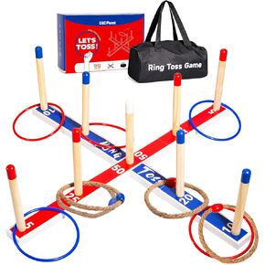 Indoor Outdoor Toys Games Upgraded Large Wooden Ring Toss Game Yard Games for Kids, Lawn Outdoor Games for Family with 10 Plastic Ring and 10 Ropes,1 Carry Bag in Kuwait