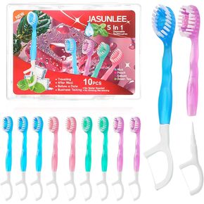 JASUNLEE 70Pack Mini Disposable Toothbrushes 5-in-1 Portable Pre-Pasted Travel Toothbrush with Toothpaste Pick Floss Tongue Scraper Individually Wrapped Box Small Toothbrush for Kids Adults in Saudi Arabia