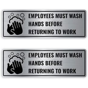 2PC Employees Must Wash Hands Sign, 9 x 3 Inches - Brushed Silver Aluminum - Employee Hand Washing Before Returning To Work Sign in Kuwait