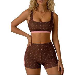 Milumia المرأة منقطة تجريب مجموعة 2 قطعة اللون كتلة الصدرية تانك عالية الخصر السائق السراويل مطابقة الزي اليوغا الشوكولاته البني الصغيرة in Kuwait