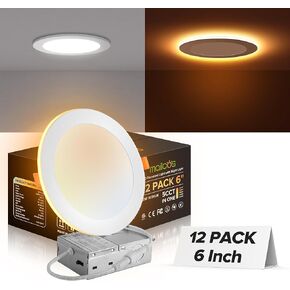 MAILCOS 12 حزمة 6 بوصة 5CCT LED ضوء السقف راحة مع ضوء الليل، 2700K-5000K اختيار، إضاءة رقيقة للغاية، 12W = 110W، 1050LM، عكس الضوء النازل رقاقة بدون علبة ETL معتمد in Kuwait
