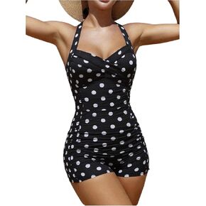 SweatyRocks Women's One Piece Swimsuits Polka Dots Halter V Neck Ruched Bathing Suits Beachwear in Saudi Arabia
