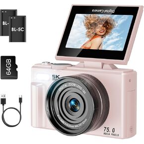 كاميرا رقمية LAMA 4K UHD 75 ميجابكسل للتصوير الفوتوغرافي - تكبير 18X، تركيز تلقائي، 64 جيجابايت، كاميرا تسجيل فيديو واي فاي مضادة للاهتزاز مع ضوء ملء، 180 شاشة قلاب مدمجة للسفر كامارا لليوتيوب، بطاريتان، BK in Kuwait