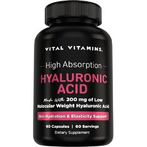 مكملات حمض الهيالورونيك الفيتامينات الحيوية - مصنوعة من 200 مجم من حمض الهيالورونيك منخفض الوزن الجزيئي - يدعم ترطيب البشرة ومرونتها من الداخل - 60 كبسولة، 60 وجبة in Kuwait