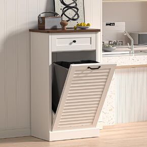 Spurgehom خزانة قمامة قابلة للإمالة للخارج، خزانة سلة غسيل ذات باب مزود بفتحة سعة 13 جالونًا مع أدراج مخفية، خزائن صناديق قمامة قائمة بذاتها للمطبخ وغرفة المعيشة، باللون الأبيض in Kuwait