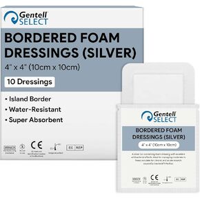 ضمادات فضية رغوية ذات حدود للعناية بالجروح 4 × 4 بوصة - ضمادات رغوية 10 Ag لإفرازات الجروح المتوسطة إلى الثقيلة - عالية الامتصاص ومقاومة للماء in Kuwait