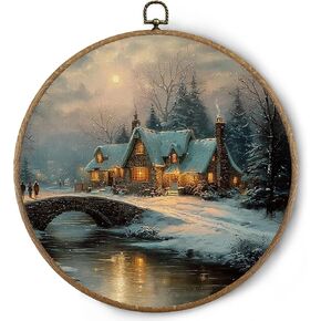 BitKAM Vintage Winter Christmas Round Wall Art Decor, Country Christmas Canvas Prints Framed, Rustic Farmhouse Xmas Wall Hanging Decorations for Home Bedroom Living Room, 10x10 Inch Wall Sculptures，Home Décor Products in Saudi Arabia