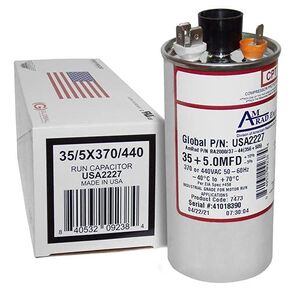 Nordyne 620762-35 + 5 uf MFD 370/440 Volt VAC AmRad Round Dual Run Capacitor, Made in The U.S.A. in Kuwait