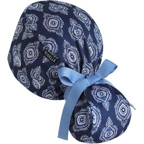 قبعة فرك ذيل حصان للنساء - قبعة جراحية من البلاط الهندسي البحري مع أزرار، وعصابة رأس وطباعة على الوجهين، وقبعة جراحية قابلة للتعديل للنساء لتأمين الشعر الطويل وتساعد على تقليل تراكم الكهرباء الساكنة in Kuwait