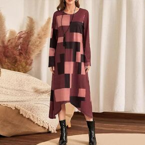 Women's Spring/Fall Long-Sleeve Straight-Cut Dress Versatile Plaid Print Crew Neck Loose-Fit Dress in Kuwait