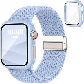 سوار وحافظة مغناطيسية مضفرة متوافقة مع أحزمة ساعات Apple للنساء والرجال 40 مم 44 مم 41 مم 45 مم 42 مم 46 مم، غطاء واقٍ قابل للتمدد بحلقة منفردة وواقي شاشة لسلسلة iWatch 11/SE3/10/9/8/7/6/5/4 in Kuwait