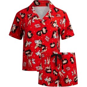 مجموعة بيجامة نسائية من COCO BRANDS Betty Boop، شورت بيجامة ناعم قابل للتمدد وأكمام قصيرة، ياقة مشقوقة، بلوزة بأزرار سفلية in Kuwait