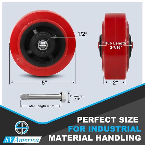 SY America 5" x 2" Polyurethane Caster Wheels, Heavy Duty Polyurethane on Polyolefin Core, 3200 LBS Load Capacity, Set of 4, for Warehousing & Material Handling in Saudi Arabia