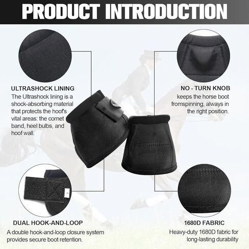 Bell Boots for Horses, Comfortable Fit Horse Bell Boots for Outdoor Sports, Professional Choice Prevent Sprains, Convenient Hook and Loop Design (Black, L) in Kuwait