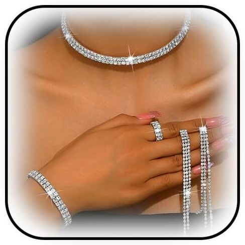 YNZGYBY Bling Silver Prom Rhinestone Jewelry Set for Women Sparkly Crystal Formal Wedding Bridal Brides Bracelet Rings Sets Trendy Long Tassel Earring Choker Necklaces in Saudi Arabia