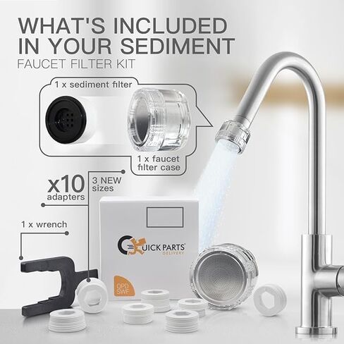 Kitchen and Bathroom Faucet Filter Kit - Includes 10 Adapters - Improves Taste and Odor, Protects Skin and Health - Removes Dirt and Rust (Sediment) in Kuwait