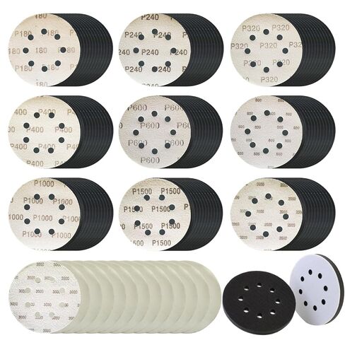 5 Inch 120Pcs Sanding Discs Hook & Loop 8 Holes Wet Dry Sandpaper 180 240 320 400 600 800 1000 1500 2000 3000 Assortment Grits Silicon Carbide Orbital Sander with Interface Pad for Wood Auto Metal in Kuwait