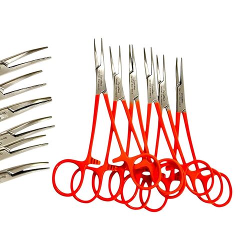 Serrated Jaws Mosquito Forceps, Curved, 5in, Orange Color Handle - for Electronics, Fishing, Lab Use, Jewelry Making, Hobby | German Stainless Steel - (6 Pack) in Saudi Arabia