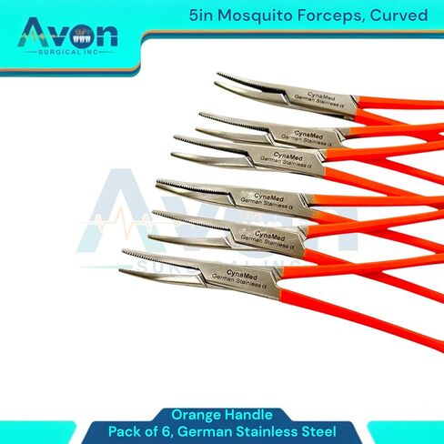 Serrated Jaws Mosquito Forceps, Curved, 5in, Orange Color Handle - for Electronics, Fishing, Lab Use, Jewelry Making, Hobby | German Stainless Steel - (6 Pack) in Saudi Arabia