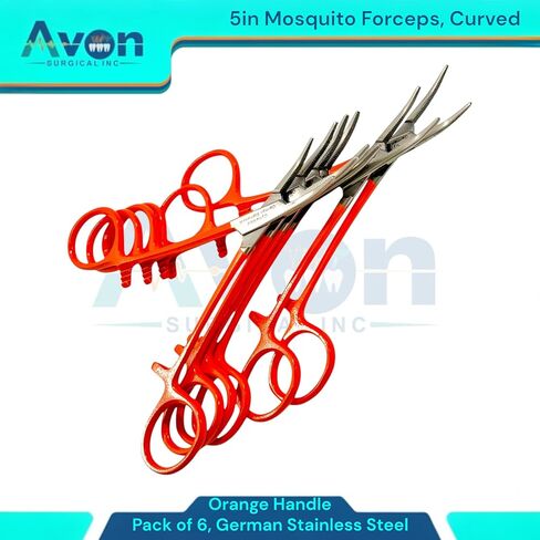 Serrated Jaws Mosquito Forceps, Curved, 5in, Orange Color Handle - for Electronics, Fishing, Lab Use, Jewelry Making, Hobby | German Stainless Steel - (6 Pack) in Saudi Arabia