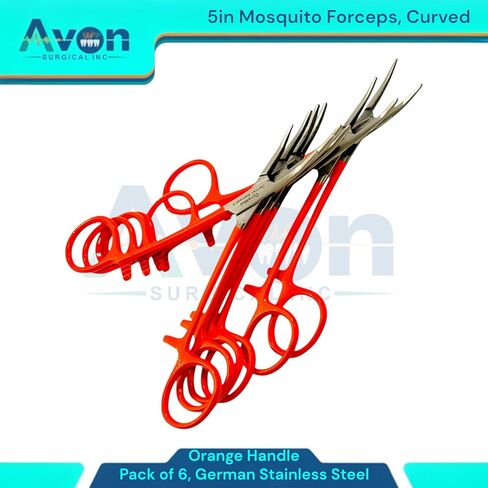 Serrated Jaws Mosquito Forceps, Curved, 5in, Orange Color Handle - for Electronics, Fishing, Lab Use, Jewelry Making, Hobby | German Stainless Steel - (6 Pack) in Saudi Arabia