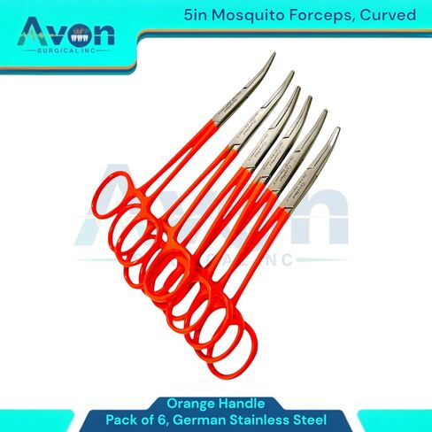 Serrated Jaws Mosquito Forceps, Curved, 5in, Orange Color Handle - for Electronics, Fishing, Lab Use, Jewelry Making, Hobby | German Stainless Steel - (6 Pack) in Saudi Arabia