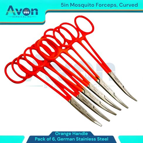 Serrated Jaws Mosquito Forceps, Curved, 5in, Orange Color Handle - for Electronics, Fishing, Lab Use, Jewelry Making, Hobby | German Stainless Steel - (6 Pack) in Saudi Arabia