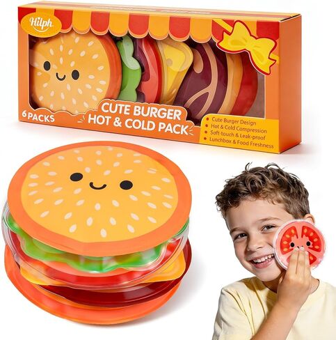 Hilph Kids Ice Packs - Cute Hamburger Boo Boo Ice Pack for Toddlers & Children, 6-Piece Ruesable Hot Cold Gel Therapy Compress Set for Injury, Body Pain Relief, Bumps, Headaches, Tootheche in Saudi Arabia