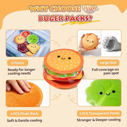 Hilph Kids Ice Packs - Cute Hamburger Boo Boo Ice Pack for Toddlers & Children, 6-Piece Ruesable Hot Cold Gel Therapy Compress Set for Injury, Body Pain Relief, Bumps, Headaches, Tootheche in Saudi Arabia