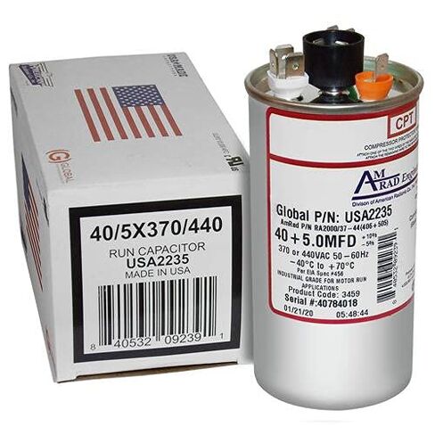 Goodman CAP050400440CT Replacement - 40 + 5 uf/Mfd 370/440 VAC AmRad Round Dual Universal Capacitor w/CPT Terminal in Saudi Arabia