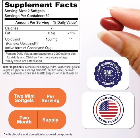 Health Thru Nutrition Ubiquinol 100mg 120 Mini Softgels as Kaneka QH Reduced CoQ-10 | 3rd Party Tested | Enhanced Bioavailability | Cardiovascular & Mitochondria Function Support | Non-GMO in Saudi Arabia