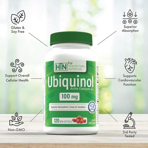 Health Thru Nutrition Ubiquinol 100mg 120 Mini Softgels as Kaneka QH Reduced CoQ-10 | 3rd Party Tested | Enhanced Bioavailability | Cardiovascular & Mitochondria Function Support | Non-GMO in Saudi Arabia