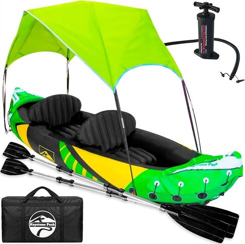 Inflatable Kayak 2 Person with Detachable Sun Canopy – Heavy-Duty Tandem Kayak for Adults – Reinforced Paddles, Waterproof Phone Bags, Adjustable Seats, Extra Seat for Dog or Child in Saudi Arabia