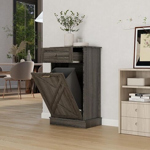 Tilt Out Trash Cabinet-Free Standing Kitchen Waste Bin-Wooden Recycling Trash Cabinet with Drawer-Oak Grey in Saudi Arabia