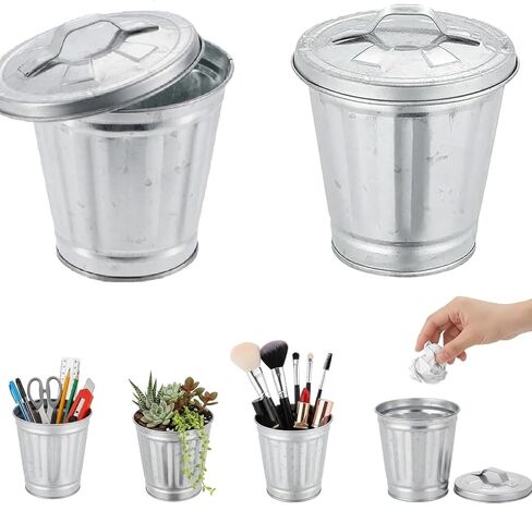 Mini Galvanized Trash Can with Lid, Mini Wastebasket Small Metal Buckets with Lids Mini Tabletop Metal Rubbish Bin Flower Pot Pen Holde Trash, Wastebaskets (1) in Saudi Arabia
