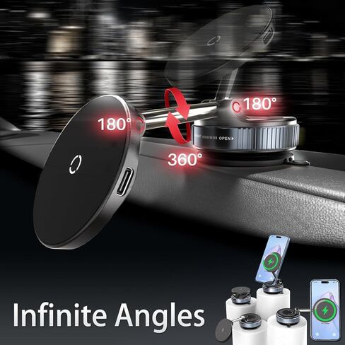 لشاحن Magsafe Car Mount ، 15W شاحن اللاسلكي كأس شفط الهاتف مع ضوء تنفس RGB ، 360 حامل هاتف مغناطيسي قابل للتعديل لـ iPhone 17 Pro Max 17 Air 16 15 Plus in Kuwait
